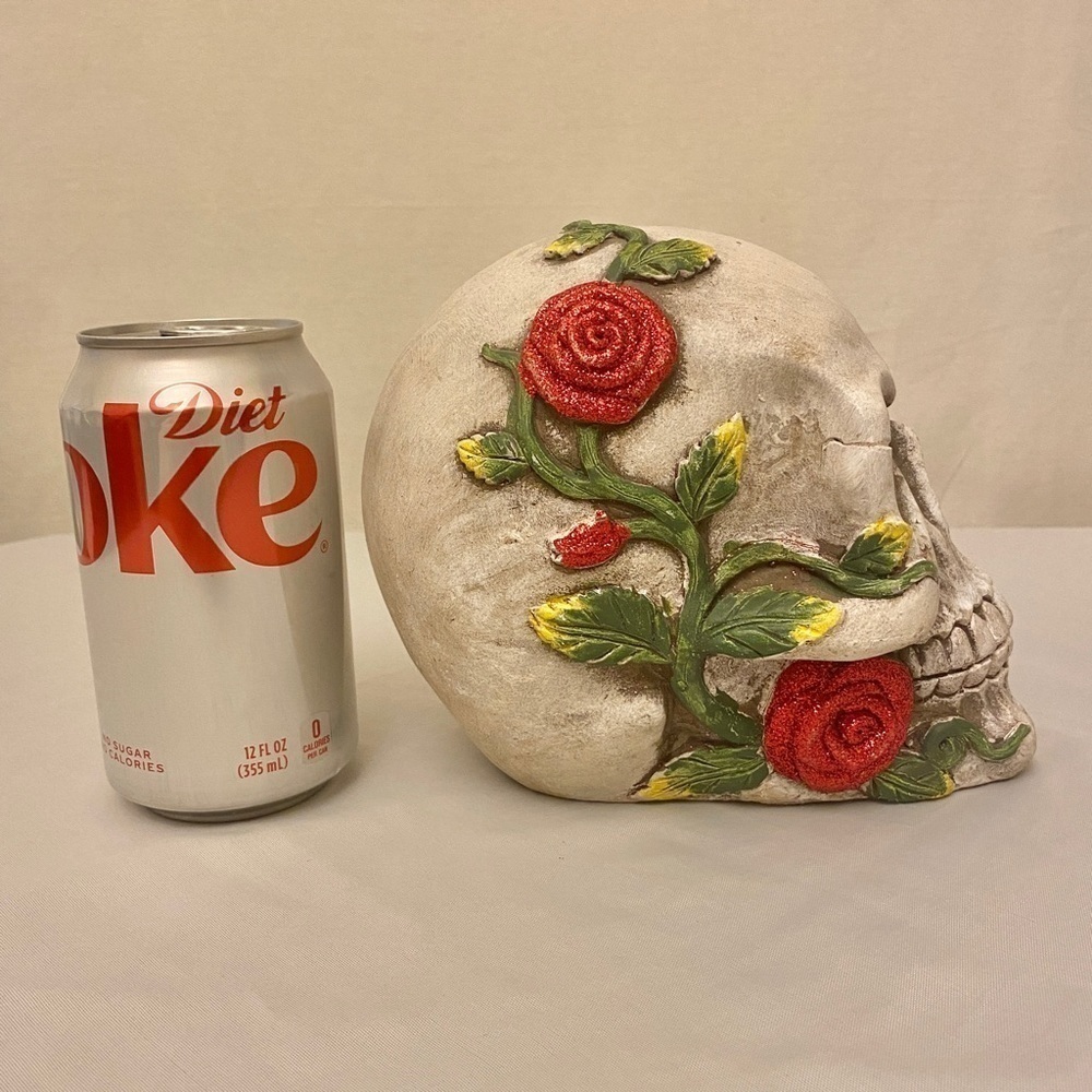 Skull With Roses Figurine Day Of The Dead Sugar Skull Glitter Flowers Decor - Picture 2 of 11